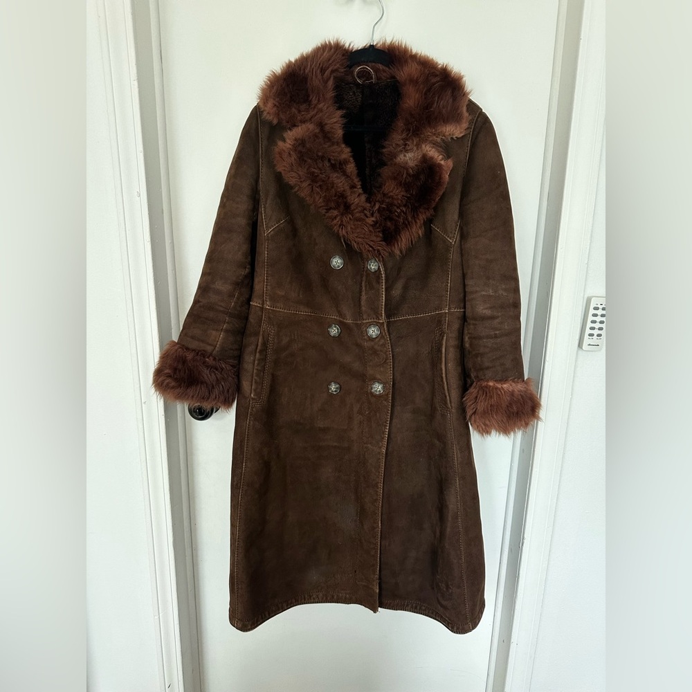 Vintage Chocolate Brown Shearling and Fur Long Penny Lane Coat
